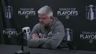 Head Coach Todd McLellan addresses the media before Game Four in Los Angeles