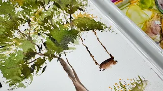 A watercolor Tree Swing for this Spring day! Perfect for beginners using a fan brush