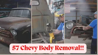 57 Chevy Truck! Removing the body from the frame!