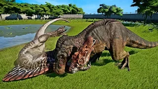 🌍 Jurassic World Evolution - 2 Tyrannosaurus Rex Vs 2 Spinosaurus Fight (Dinosaurs Battle)