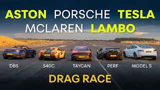 Tesla Model S v Porsche Taycan v Huracan Performante v Aston DBS v McLaren 540C: DRAG RACE