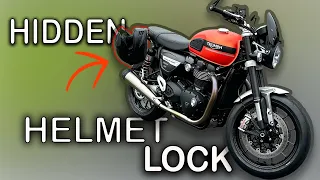 Don't mess with your rear shocks. A safer helmet lock for Triumph Speed Twin.