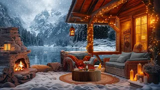 Cozy Winter Porch Ambience Lakeside with Relaxing Piano Jazz Music ☕Snow Falling in Winter for Relax