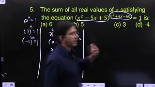 The sum of all real values of x satisfying the equation (x^2-5x+5)^(x^2+4x-60)=1 is