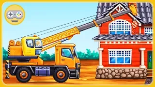 Cartoon game about cars for children - Construction equipment builds a house