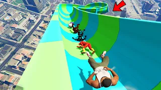 Franklin And Avengers Sliding From Water Slide Ramp Jump Challenge With All Flash in GTA 5