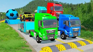 Double Flatbed Trailer Truck vs Speedbumps Train vs Cars | Tractor vs Train Beamng.Drive 010