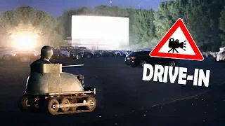 Driving ito the DRIVE - IN with our homemade TANK!
