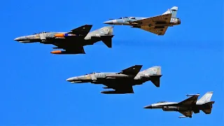 Two F-4 Phantoms, Mirage 2000, and F-16 Viper Formation Flyover Hellenic Air Force [4K]