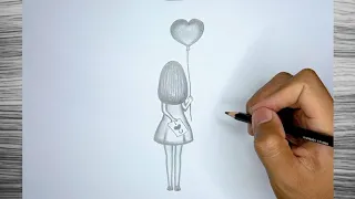 How to Drawing GIRL WITH BALOON Sketch by pencil, Menggambar GADIS DENGAN BALON Sketsa Dengan Pensil