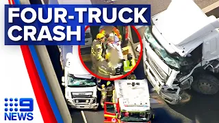 Truckie fighting for life after four-truck smash in Melbourne | 9 News Australia