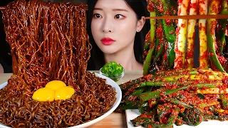 MUKBANG * BLACK BEAN NOODLES X3 & HUGE GREEN ONION KIMCHI * THE BEST COMBINATION Eating Show