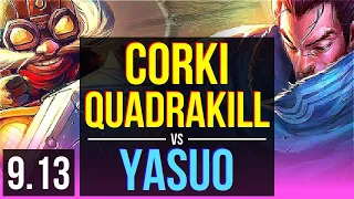 CORKI vs YASUO (MID) | Quadrakill, Rank 10 Corki, 3 early solo kills | BR Challenger | v9.13