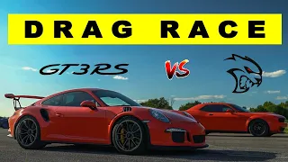 Porsche 911 GT3 RS vs Dodge Challenger Hellcat Widebody. Drag and Roll Race.