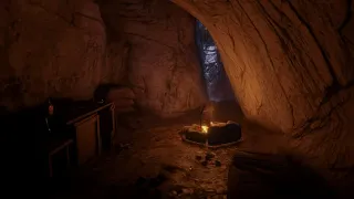 Staying warm by the fire in a cave during a heavy rain storm | RDR2 ASMR