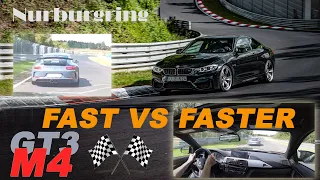 BMW F82 M4 manual vs loud Porsche GT3 911 991 Nurburgring LAP on TF session