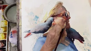 Demonstration of a watercolor painting of The Bird Lady