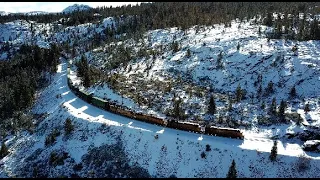 4K- Scenic Snowy Donner Pass: Drone Chase of a UP Freight Train at Yuba Gap & Emigrant Gap, CA