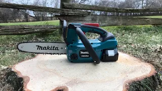 Makita battery powered chainsaw. Limbing and bucking comparison