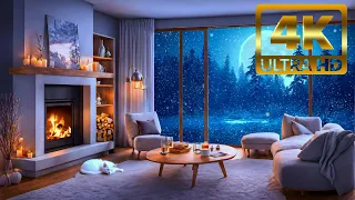 Deep sleep Cozy Room Ambience ASMR with Piano music, Wind, Moon light and Fireside Sounds for Night