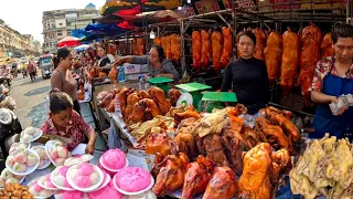 Cambodian street food @ Orussey market - Roast Pigs, Chicken, duck, cake & fresh foods