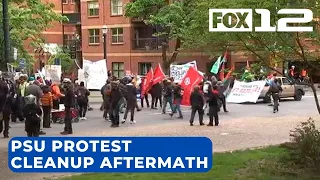 Cleanup efforts underway after protests at Portland State University library, nearby businesses -...