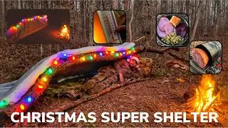 Solo Overnight Building a Christmas Super Shelter in the Woods and Ham Cooked in a Bush Pot