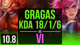 GRAGAS vs VI (JUNGLE) | KDA 18/1/6, Triple Kill, Legendary | KR Master | v10.8