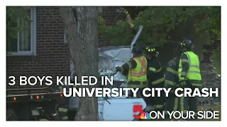 Three 15-year-old boys killed when car crashes into vacant University City home Wednesday