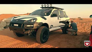 Porsche Cayennes off-roading in Dubai desert with Prekom suspension parts