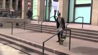 Justin Bieber trying skateboarding trick at Madison Square Garden in New York City, December 28 2014