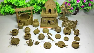 DIY How to make polymer clay miniature house, kitchen set,Bullock cart, Hand Pump,Tree | Village