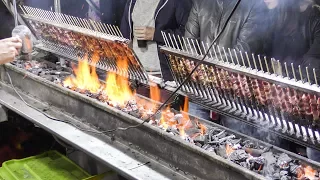 Grilling Lamb Skewers Faster with an Hair Dryer. Italian Street Food. Traditional Arrosticini