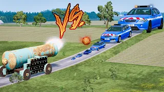 Big & Small Police Cars vs Giant Cannon - BeamNG OMDs