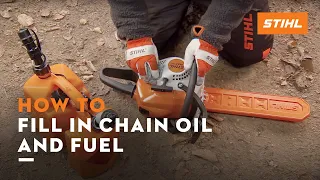 Filling a STIHL chainsaw with fuel and chain oil