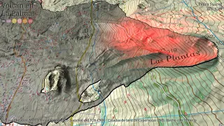Volcán de La Palma, vuelo 3D sobre la colada de lava.