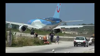 Skiathos Airport Greece dangerous jet blast and low Landings