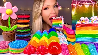 ASMR RAINBOW CREPE CAKE, MERINGUE KISSES, EDIBLE FLOWER, BUTTERFLY PEA TEA, SOUR STRIPS MUKBANG 먹방