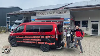 Der Nugget mit Motorradträger bis 250 KG und der Auffahrhilfe durch die Absenkung des 2 Meter Nugget