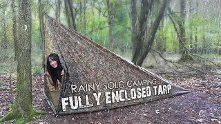 Fully Enclosed Tarp Configuration • Camping Solo in Rain + Cook Steak on Fire