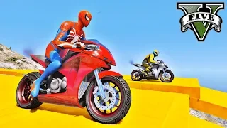 MOTOS na Rampa com Homem Aranha e Heróis! Desafio Saltos com Paraquedas - GTA V Mods - IR GAMES