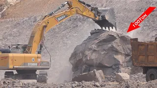 Wow!!! Incredible! Extremely Excavator SANY SY500H Digging Big Rock Drop To Ravine On The Mountain!