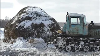 Трактор ДТ-75 против огромного стога сена.