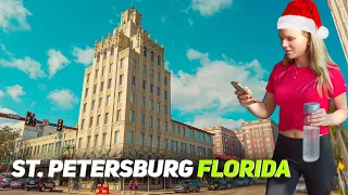 St Petersburg Florida. Christmas Mood. Downtown St. Pete. Tampa Bay. Walking tour Live cam 4K