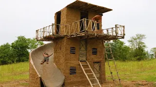 Build Big Swimming Pool & Three Story Mud House With Water slide Around House  -2