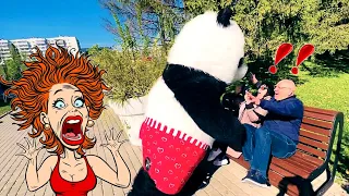 Funny prank with a giant panda in red underwear: people's reactions in Victory Park, Belgorod #emoti