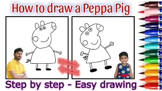 Peppa Pig drawing & colouring for kids | Daddy & Daughter drawing 03 | How to draw peppa pig