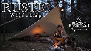 Rustic Bushcraft Wild Camp 🏕️🔥🪵 / Plow Point Tarp Setup / Campfire Cooking / Fatwood