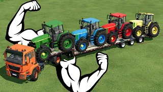LAND OF COLORS ! COLORED JOHN DEERE TRACTORS LOADING ON LOW LOADER TRAILER ! with STRONG MOD ! FS22