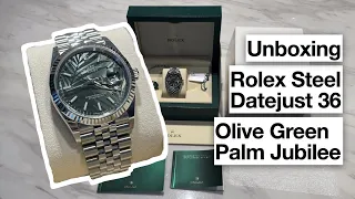 Rolex Datejust 36mm Olive Green Palm Motif Dial 126234-0047 Unboxing